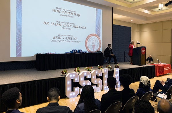 Chancellor Dr. Marie Lynn Miranda giving a speech at the 2024 Chancellor Student Service Leadership Awards (CSSLA).